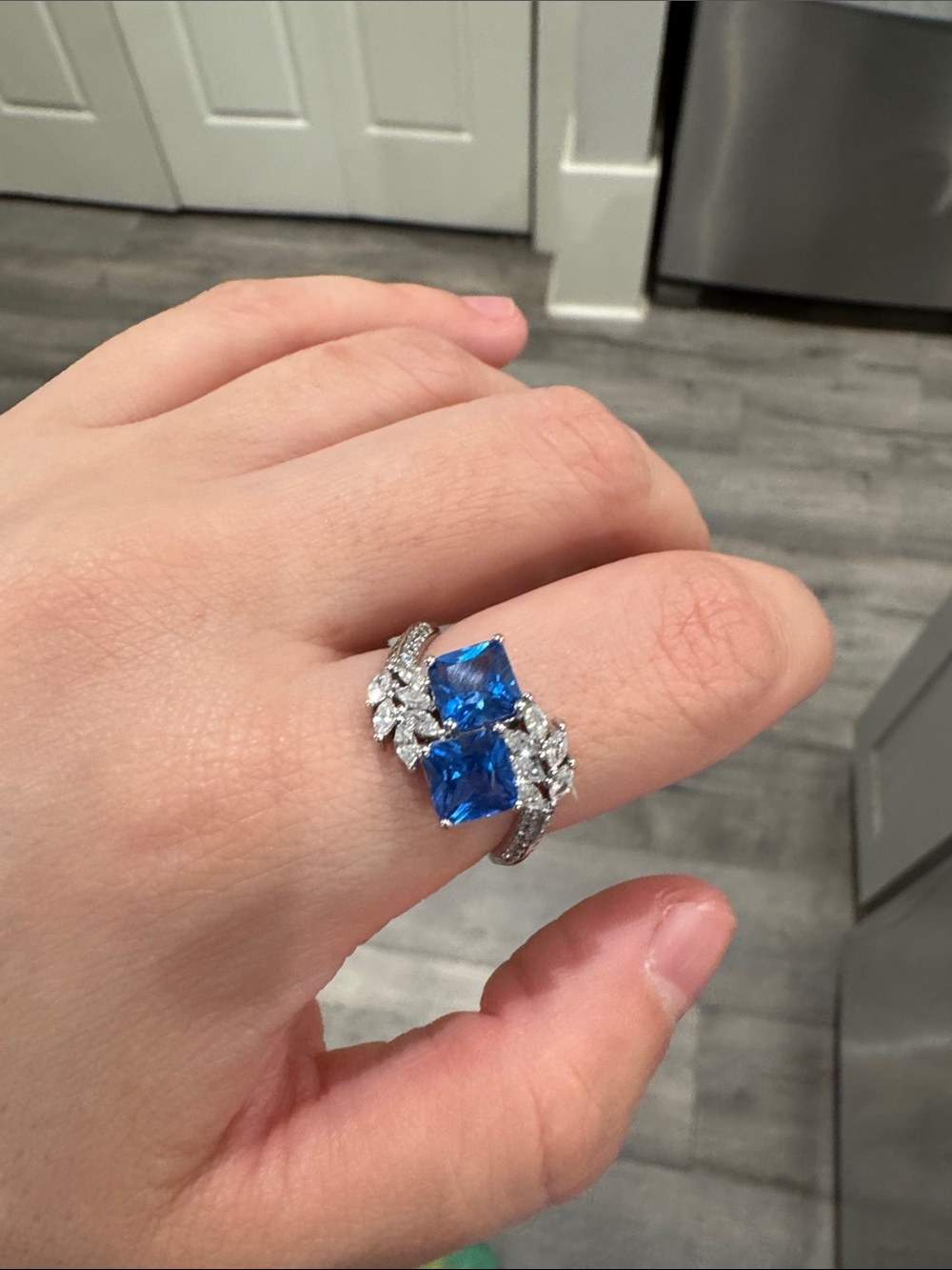 Cultivated Sapphire Blue Adjustable Ring Silver Tone CZ